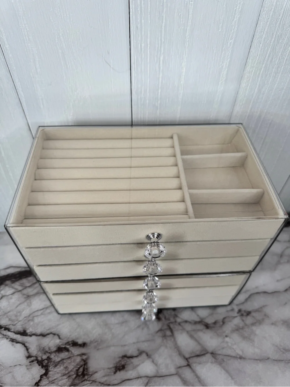 Acrylic Beige Velvet Jewelry Organizer with Crystal Knobs - 3 Drawer | Lot of 2